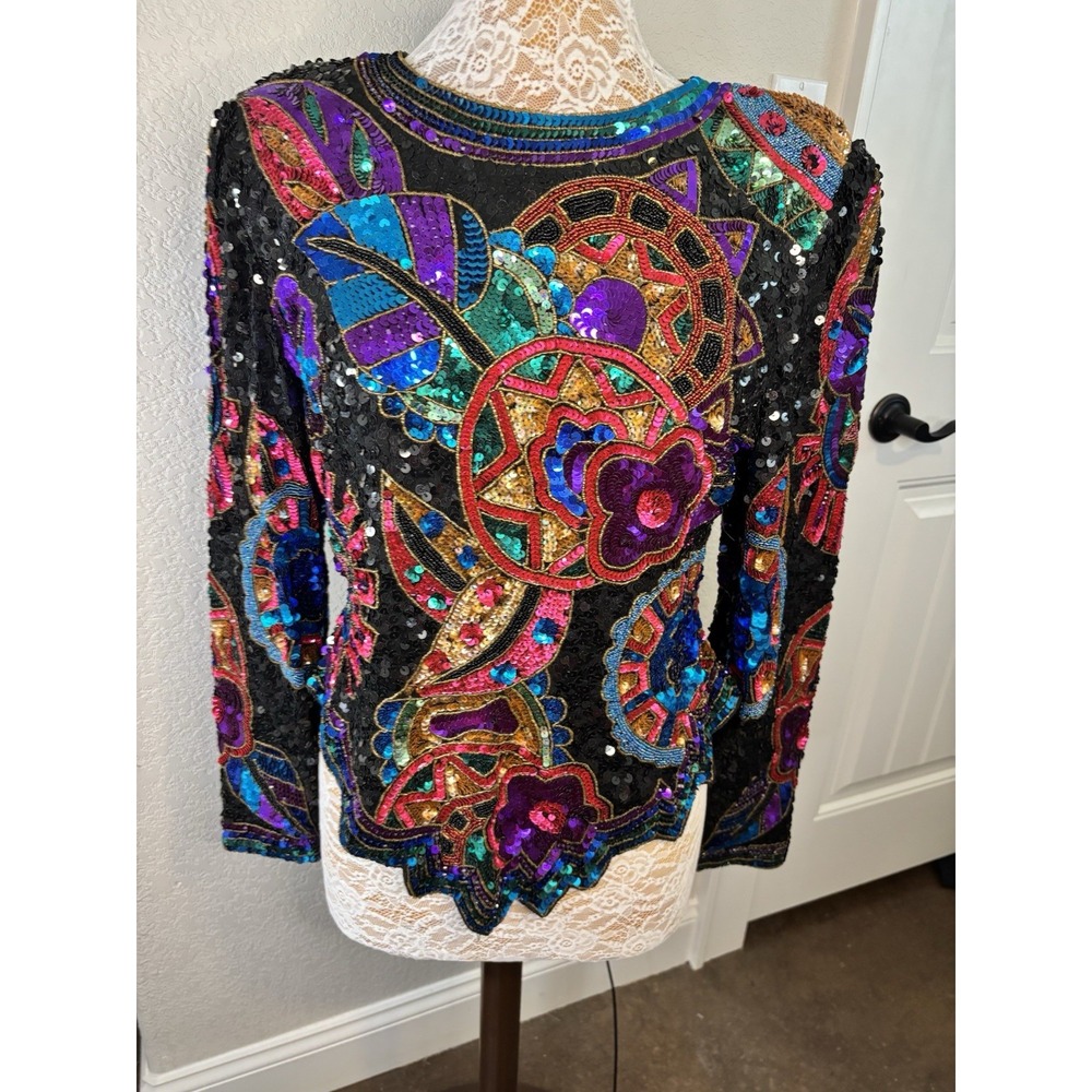 VTG 80's Laurence Kazar Floral Sequins Beaded Silk Party Top Size Large Evening